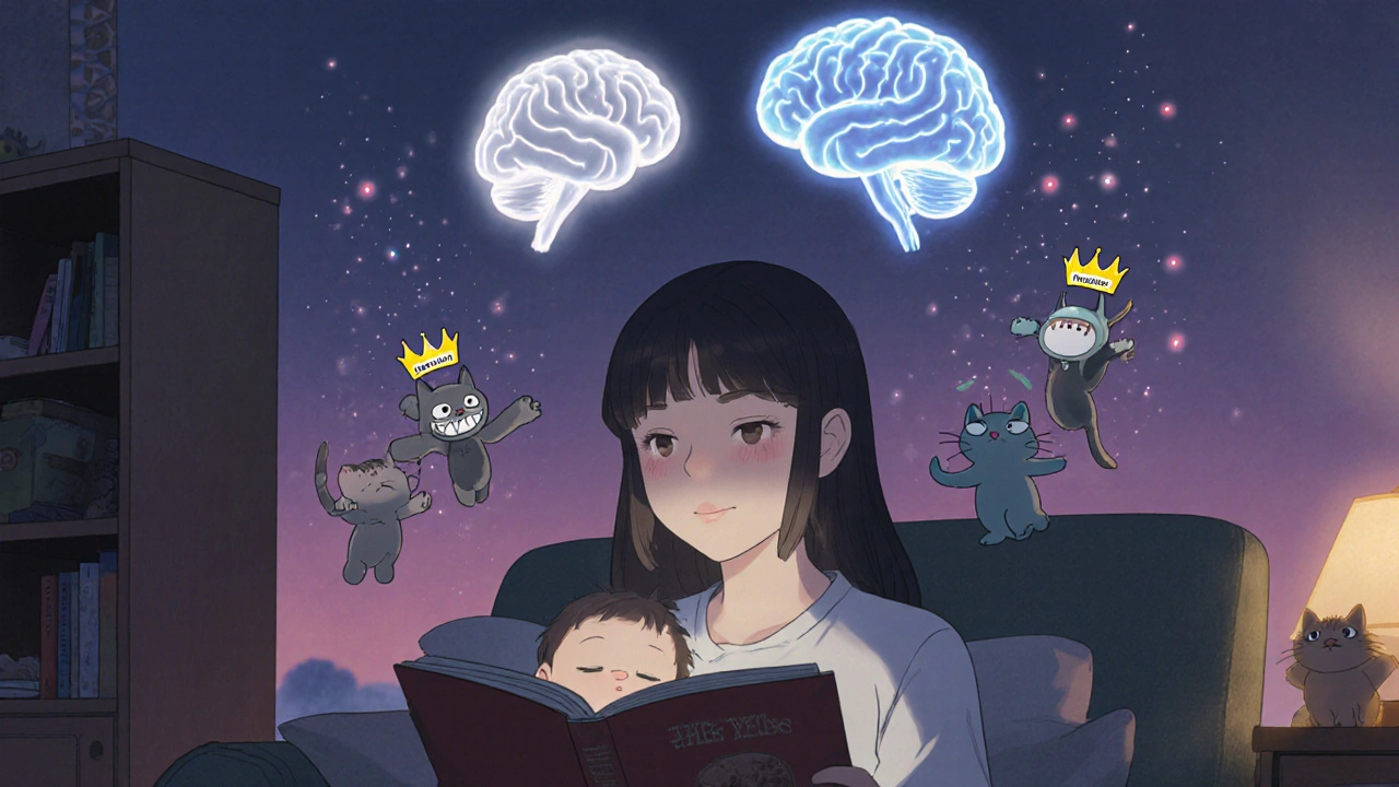 A mother reading to her baby, two glowing brain halves above her — one foggy, one clear — with tiny demons being swept away by wind.