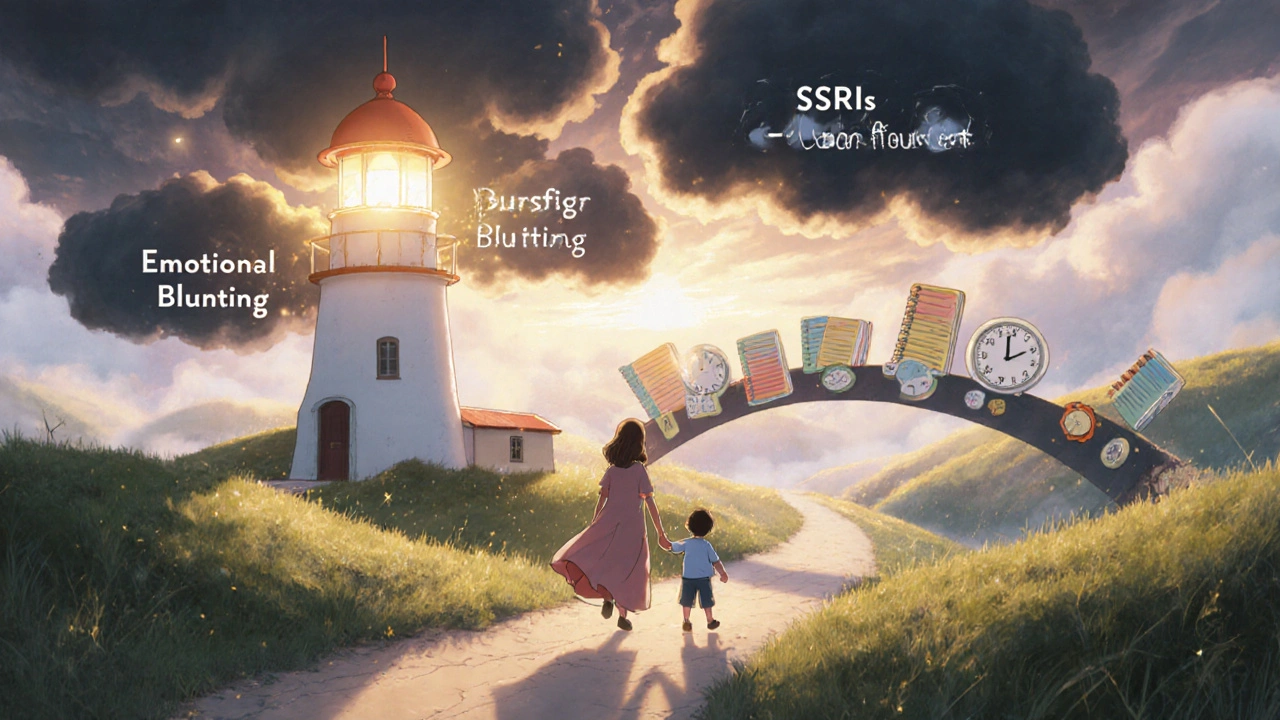 A mother walks with her baby toward a glowing lighthouse in a dreamlike mind-landscape, dark clouds fading behind them.