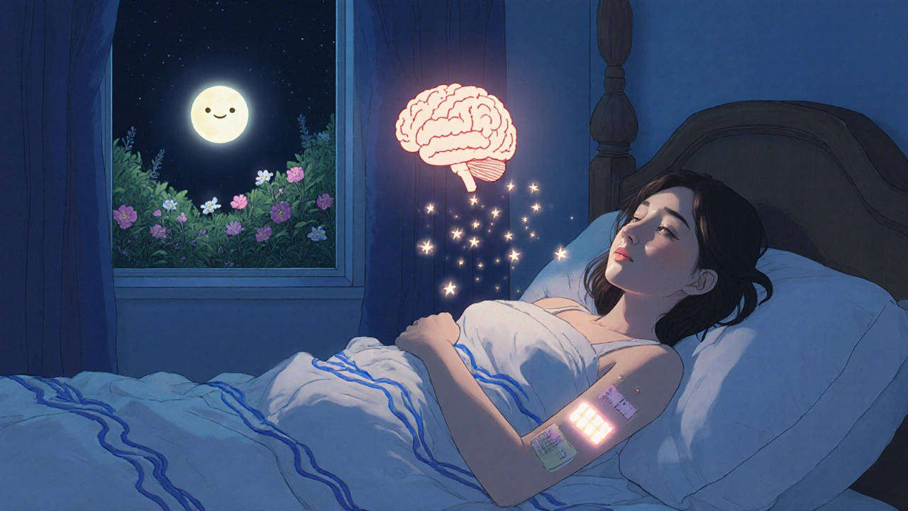 A sleeping woman with glowing hormone patches and a serene brain symbol banishing brain fog under starlit night skies.