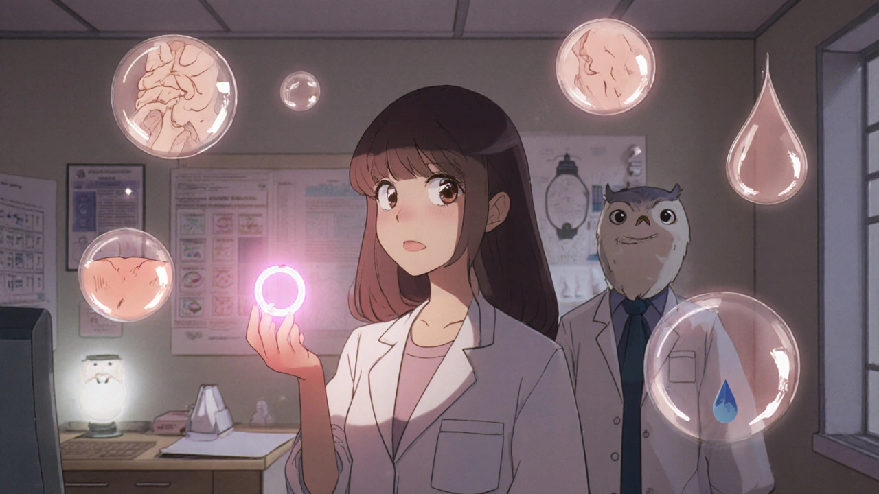 A woman holding a glowing vaginal ring as animated symbols of bone, skin, and mood healing float around her in a quiet clinic.
