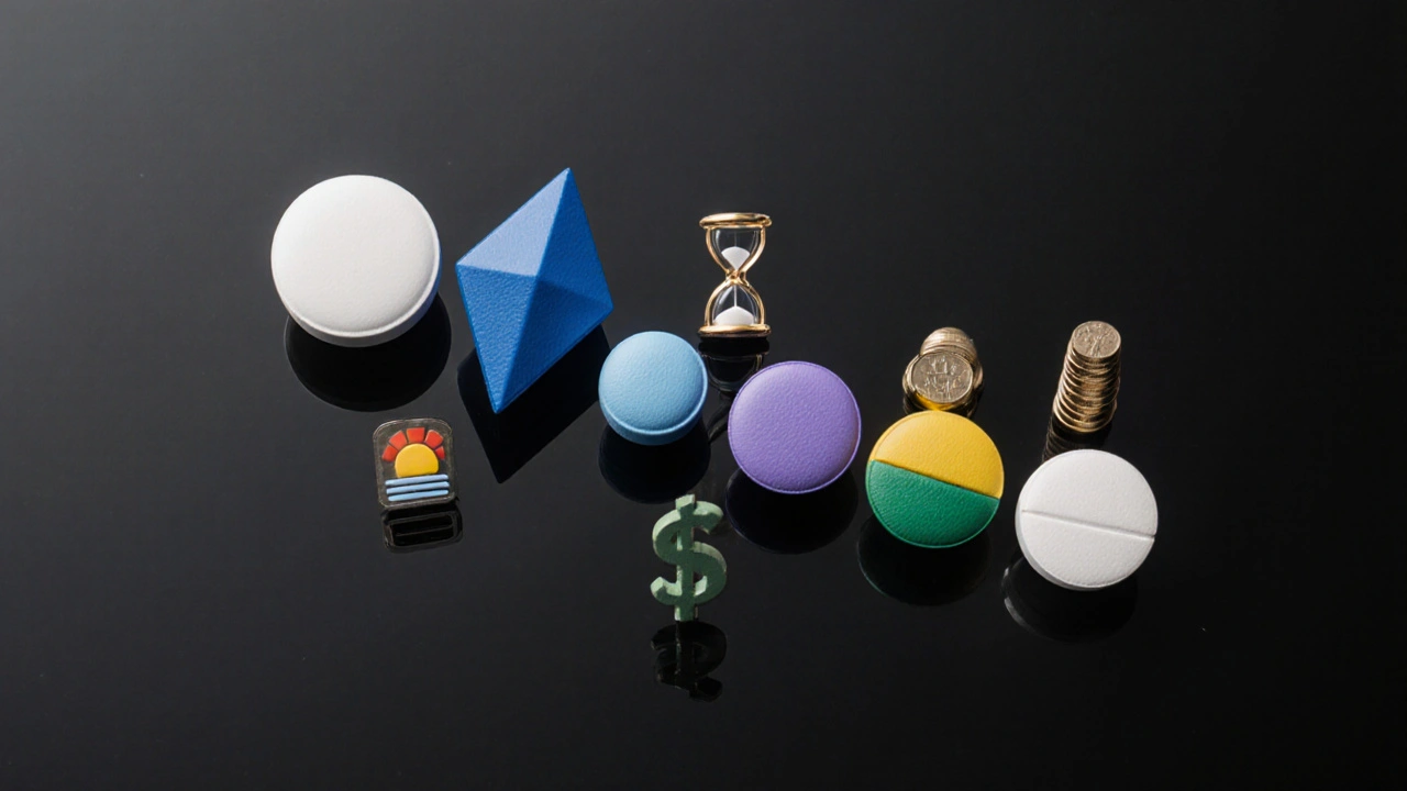 Assortment of seven ED pills with hourglass, sunrise, and coin symbols.