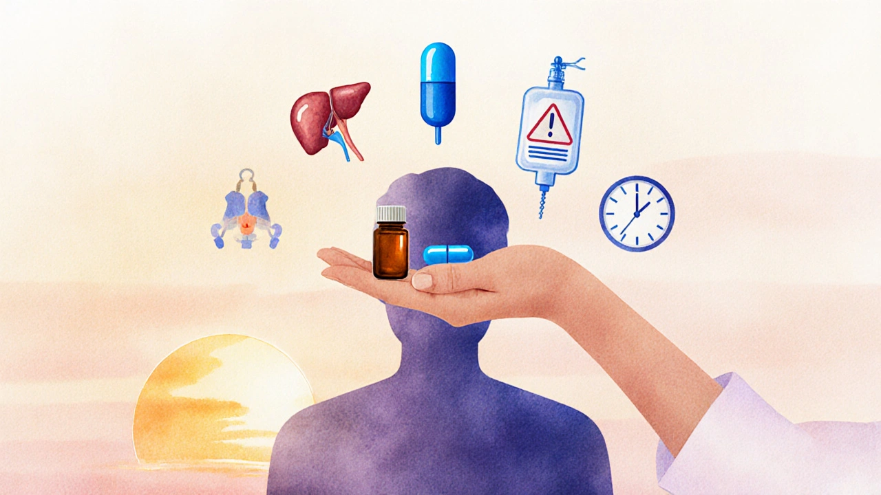 Clinician&#039;s hand holding capsule, tablet, and IV bag over patient, with icons for kidney, liver, and timing.