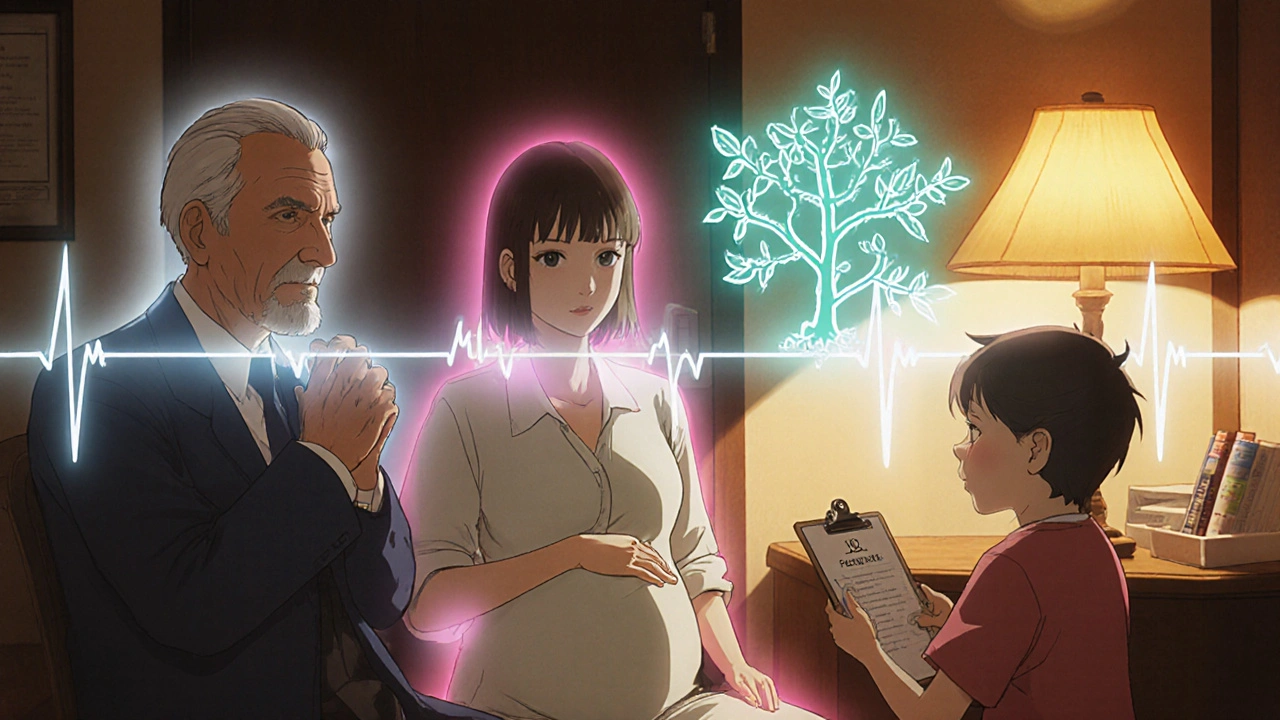 Clinician reviewing patients (elderly, pregnant, child) with subtle medical aura.
