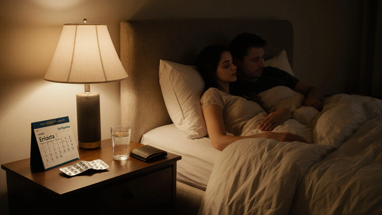 Couple on bed with Eriacta tablet on nightstand, hinting at choice.