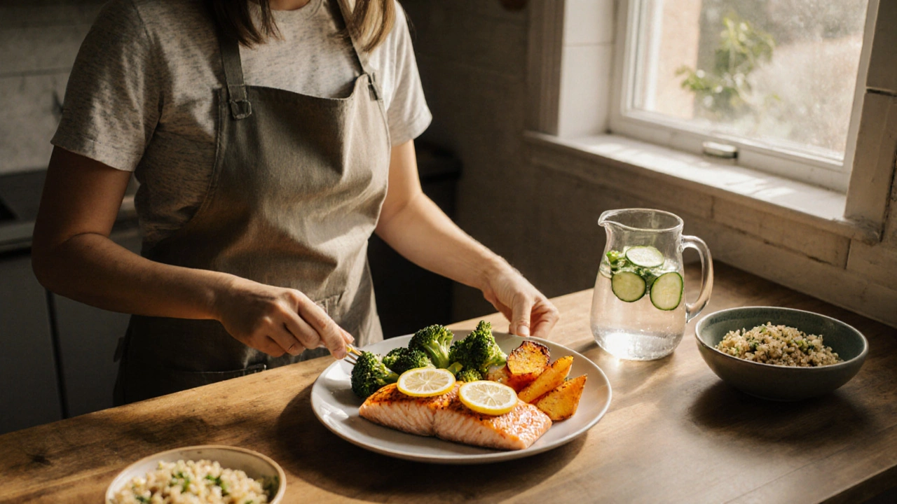 Cozy kitchen scene of a woman preparing a balanced dinner of baked salmon, broccoli, sweet potato, and quinoa, with a water pitcher nearby.