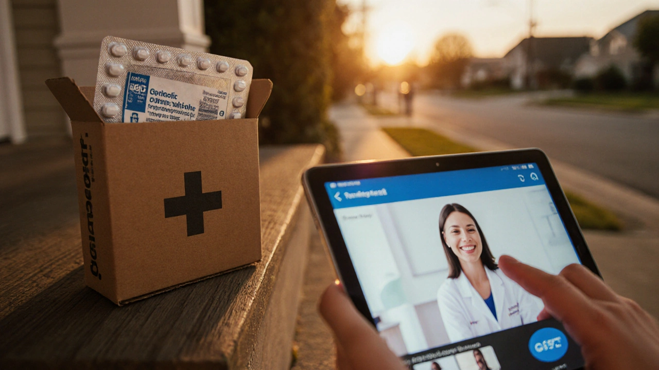 Delivered box of generic Paxil tablets with discount coupon and pharmacist video chat.