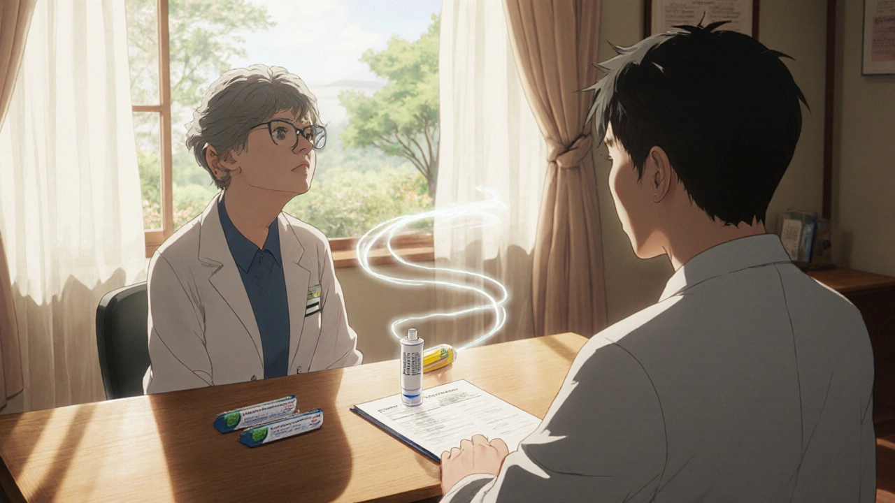 Doctor and patient discussing treatment, with cream tube and antiviral pills on a desk, garden view outside.