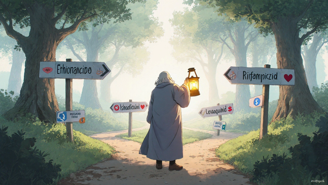 Doctor at a forest crossroads points to paths labeled with different TB drugs and their risks.