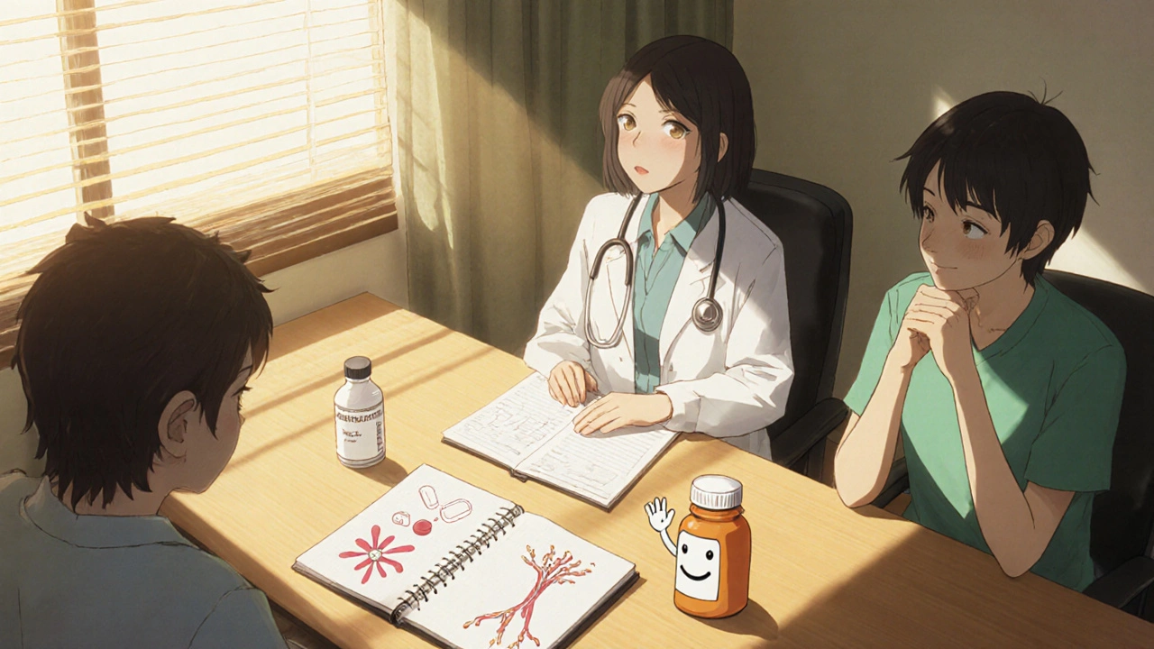 Doctor counseling a couple, with aspirin and acetaminophen icons on a table.