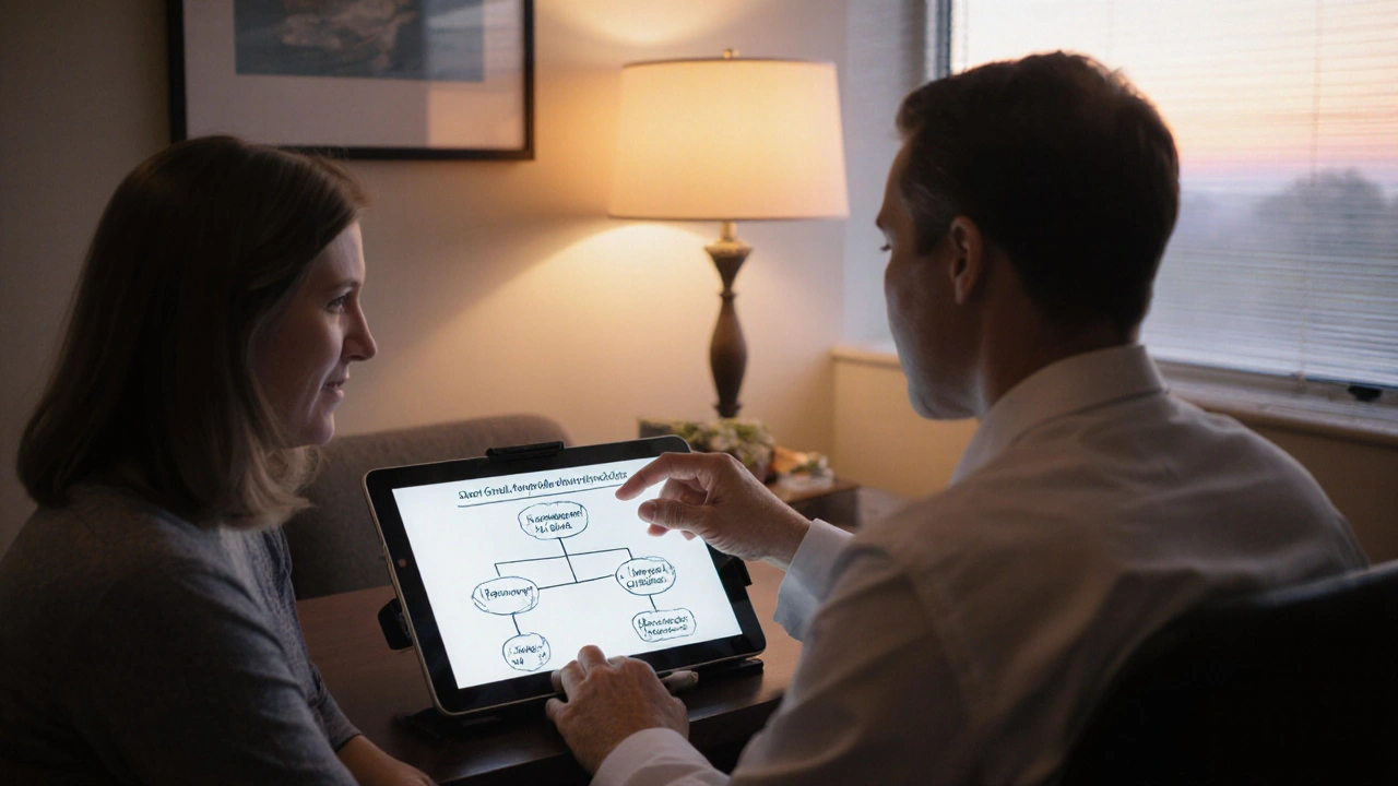 Doctor discussing treatment options with patient using a decision tree.