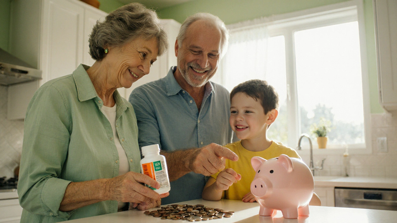 Family happily examining generic medication with a piggy bank, symbolizing health and savings.
