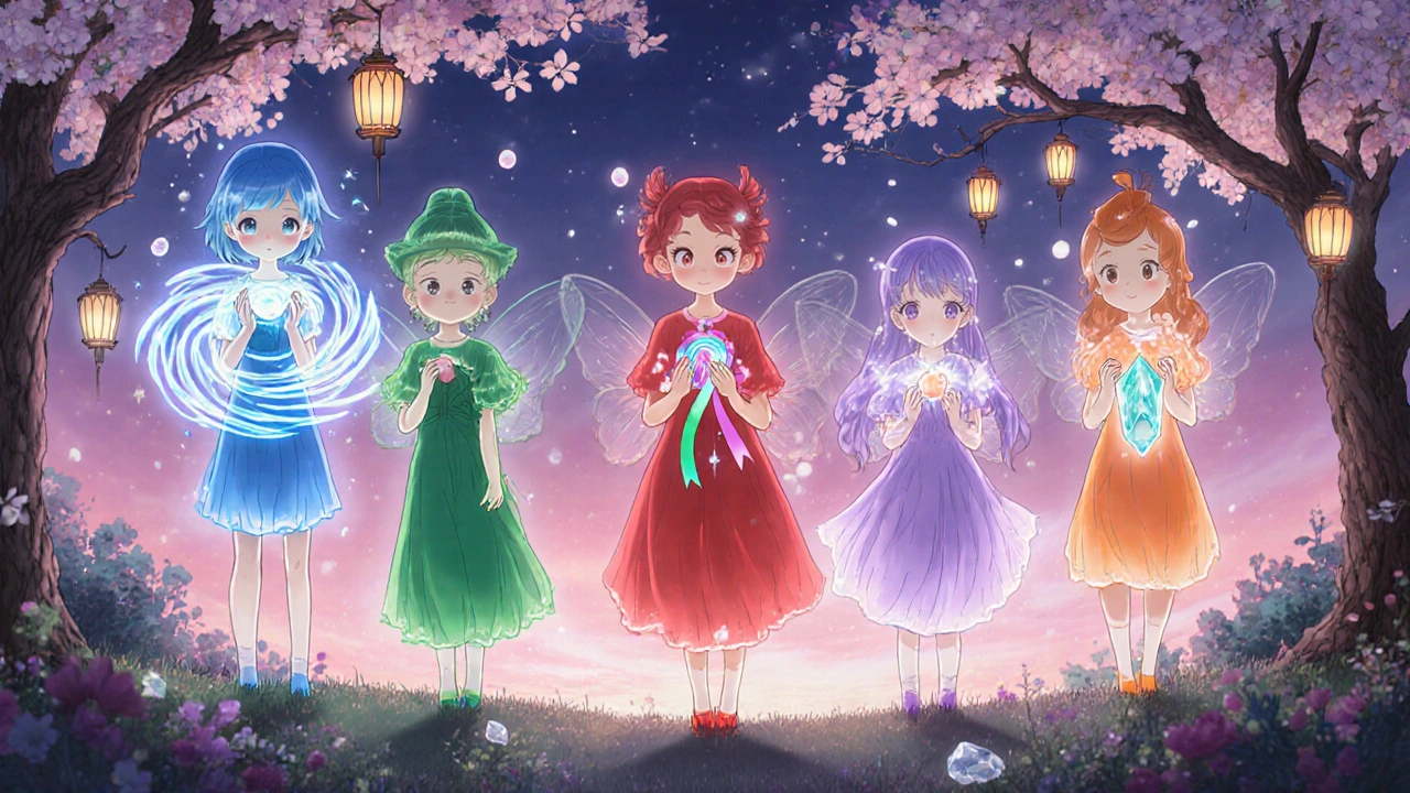 Five colorful sprites representing anti‑nausea drugs floating in a garden.
