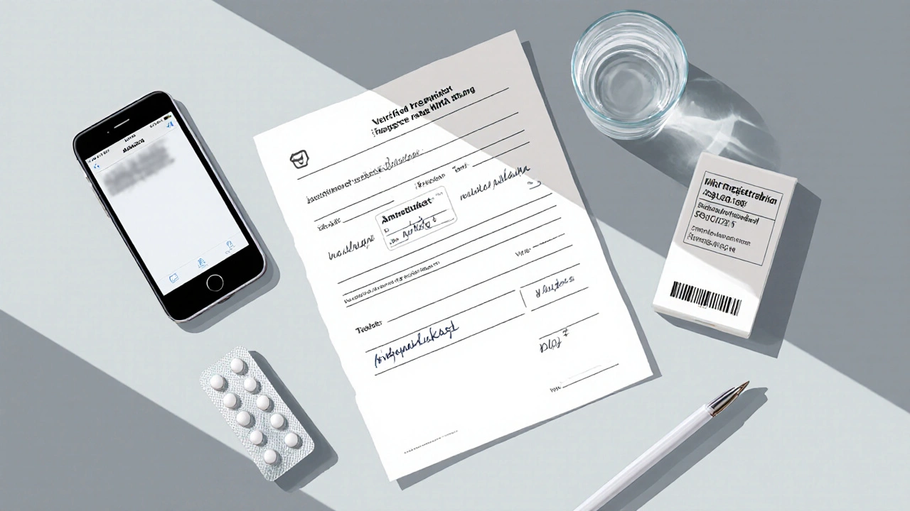 Flat lay of prescription, medicine box, phone and shipping label showing a safe purchase process.