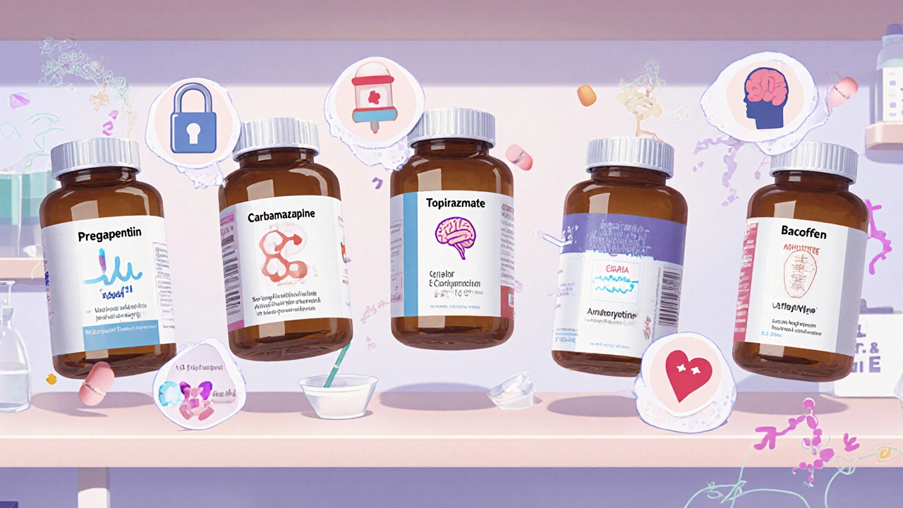Floating pill bottles of alternatives with icons showing each drug’s mechanism.