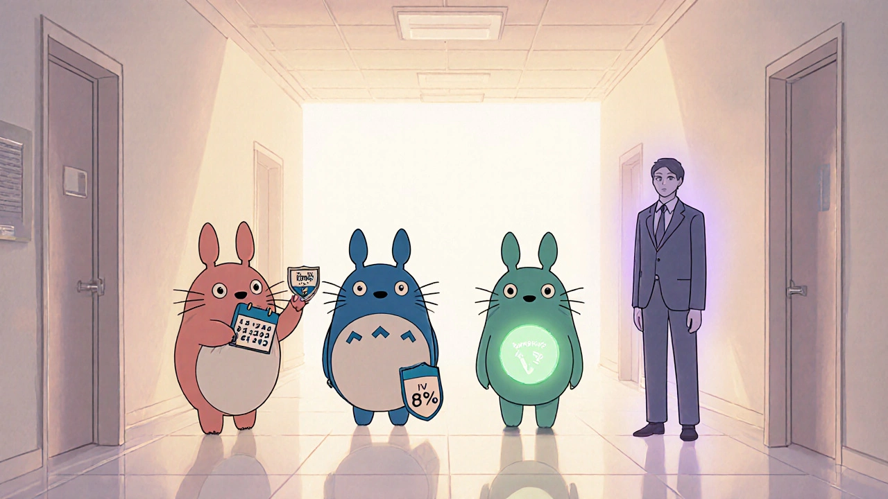 Four whimsical characters personify Molnupiravir, Paxlovid, Remdesivir, and Sotrovimab in a clinic hallway.