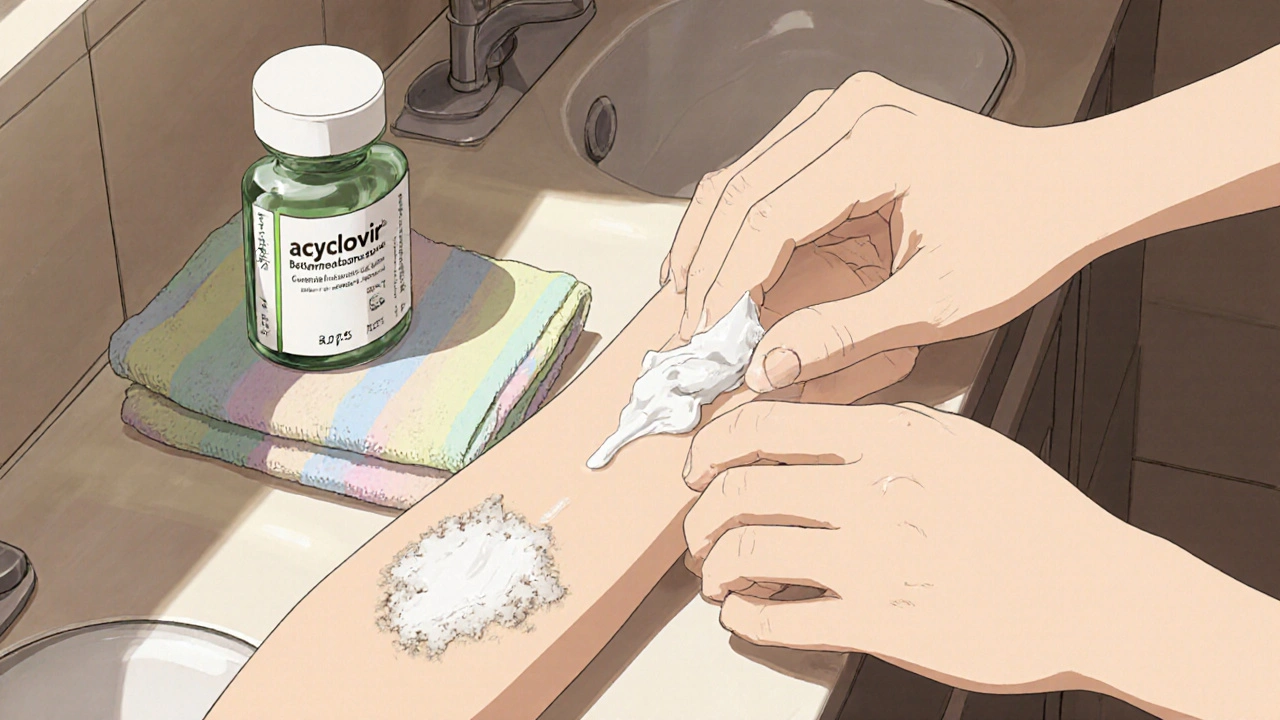 Hands applying betamethasone cream to a healed rash patch, antiviral pills nearby in a sunny bathroom.