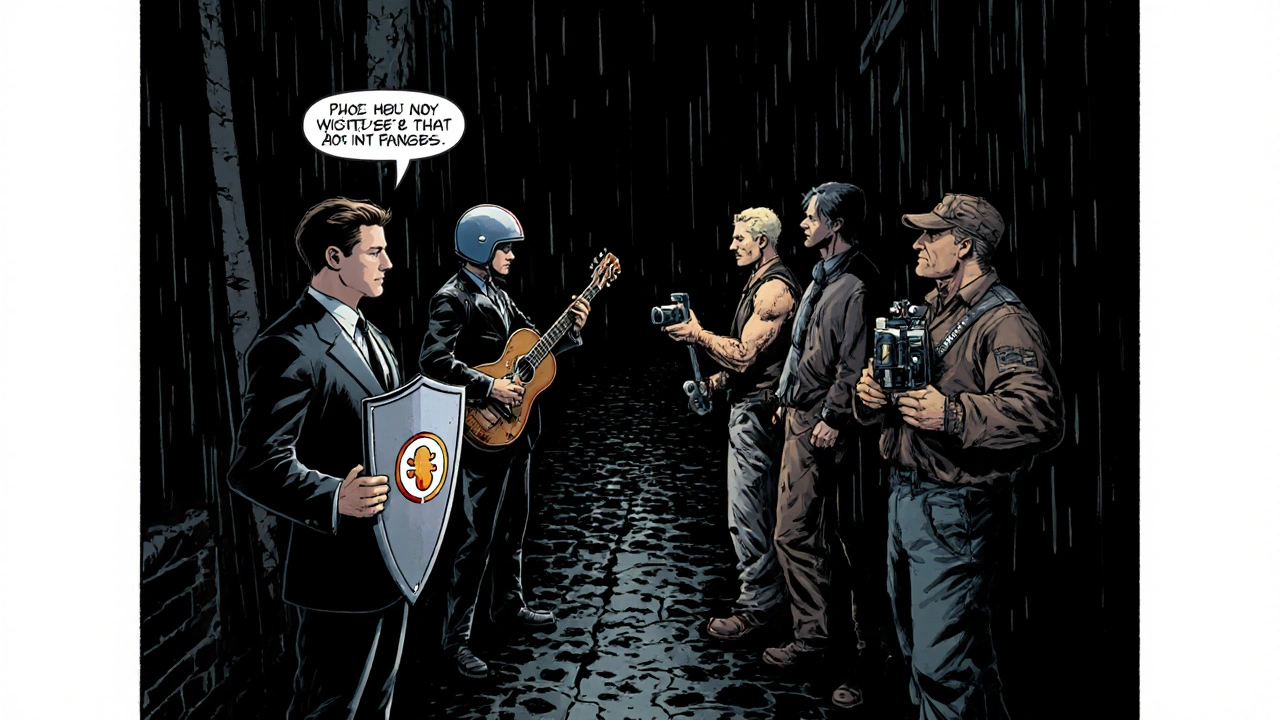 Noir alley showdown of five antibiotic characters representing their traits.