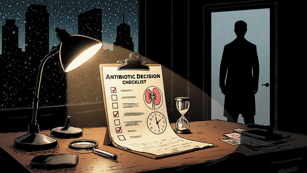 Noir detective office with a checklist and symbols for antibiotic selection.