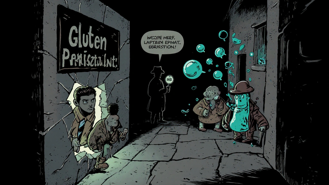 Noir gut alley with gluten figures leaking through walls and gas bubbles.