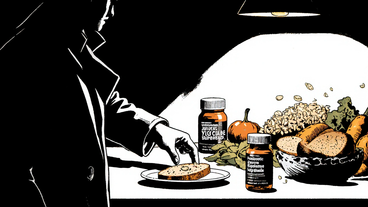 Noir kitchen counter with gluten‑free foods, probiotics, and enzyme supplement.