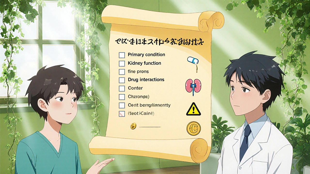 Patient and doctor reviewing a checklist scroll in a bright, plant‑filled clinic.