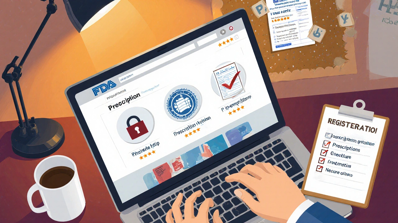 Person checking an online pharmacy checklist on a laptop with verification icons.