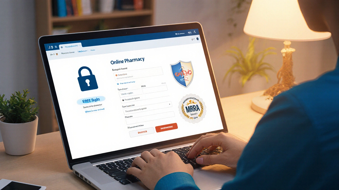 Person reviewing a secure online pharmacy website on a laptop.