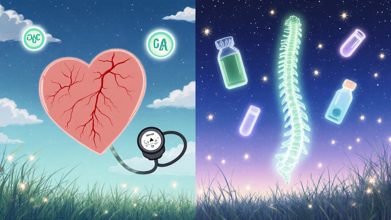 Split scene showing heart stress, bone loss, and lab tests representing long‑term health risks of PMDD.
