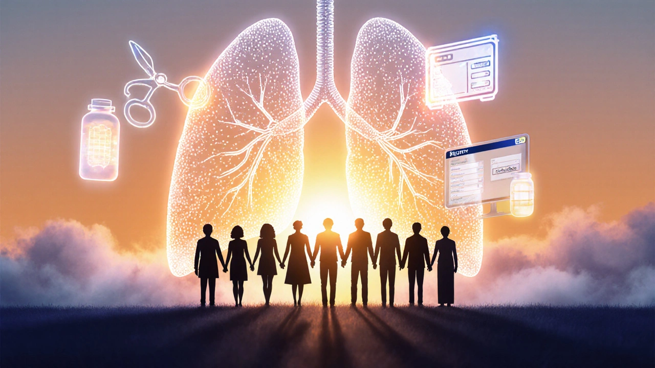 Sunrise over data‑filled lungs with patients, scientists, and hopeful icons.