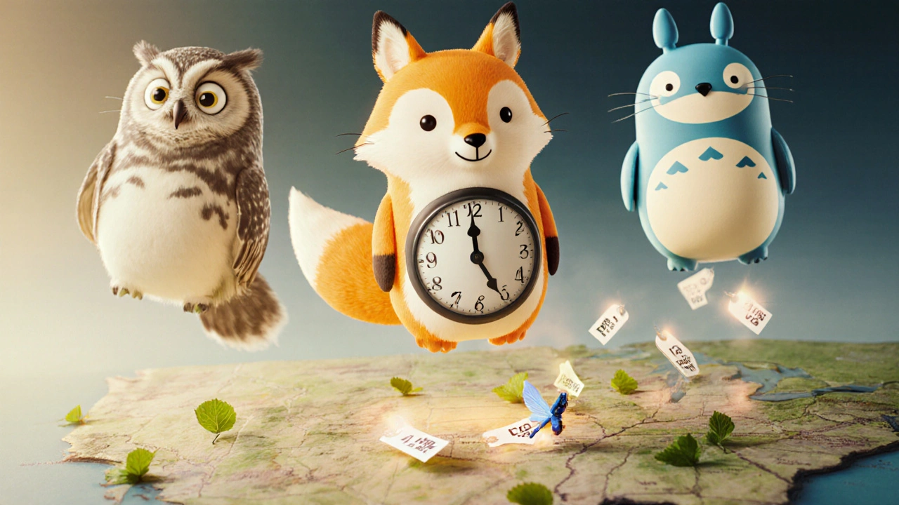 Three friendly insulin creatures — owl, fox, and dragonfly — floating above a U.S. map with price tags turning to leaves.