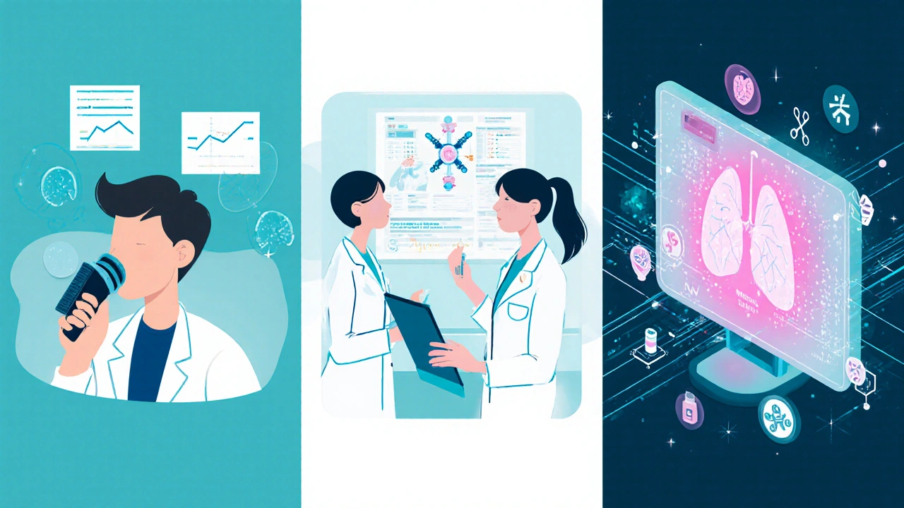 Three‑panel illustration of home monitoring, trial site, and AI data hub for CF.