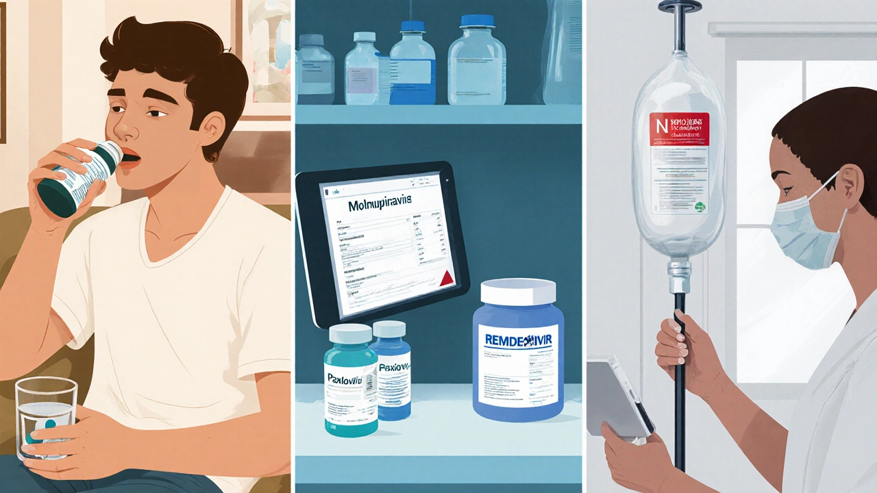 Three panels: home pill taking, pharmacist reviewing Paxlovid, nurse preparing Remdesivir IV.