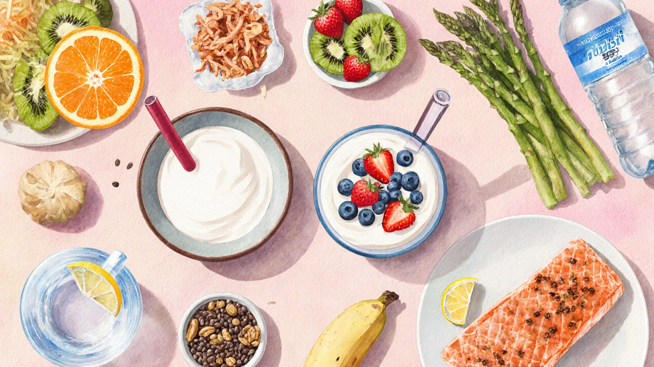 Top-down spread of probiotic yogurt, kefir, fermented veggies, berries, citrus, salmon, walnuts, and a glass of water.