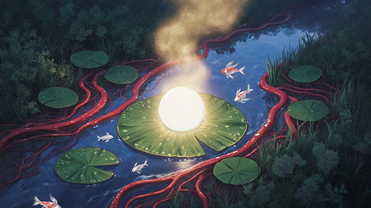 Uterine garden with golden aspirin mist, glowing embryo on a lily pad, and swimming sperm fish.