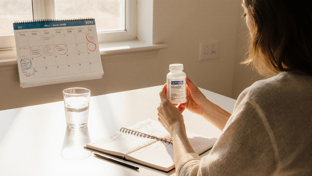 Woman at kitchen table with tamoxifen bottle, water glass, journal, and calendar.