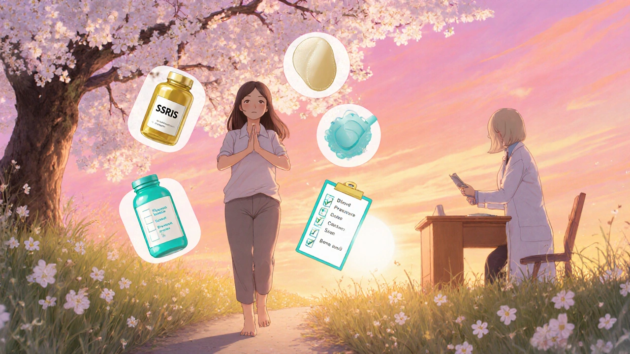Woman practicing yoga in a meadow with medical icons, symbolizing PMDD management and healthy lifestyle.