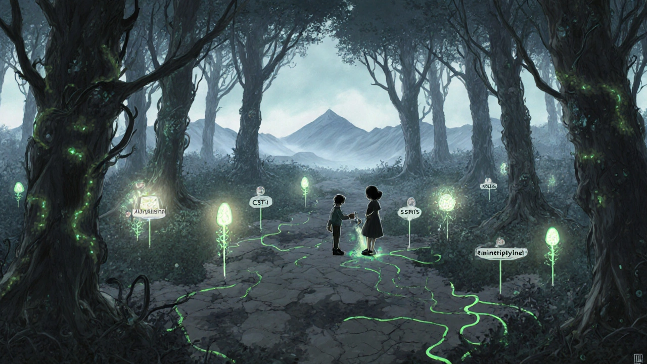 A brain as a forest with withered areas from harmful drugs, while new healthy trees grow from safer treatments.