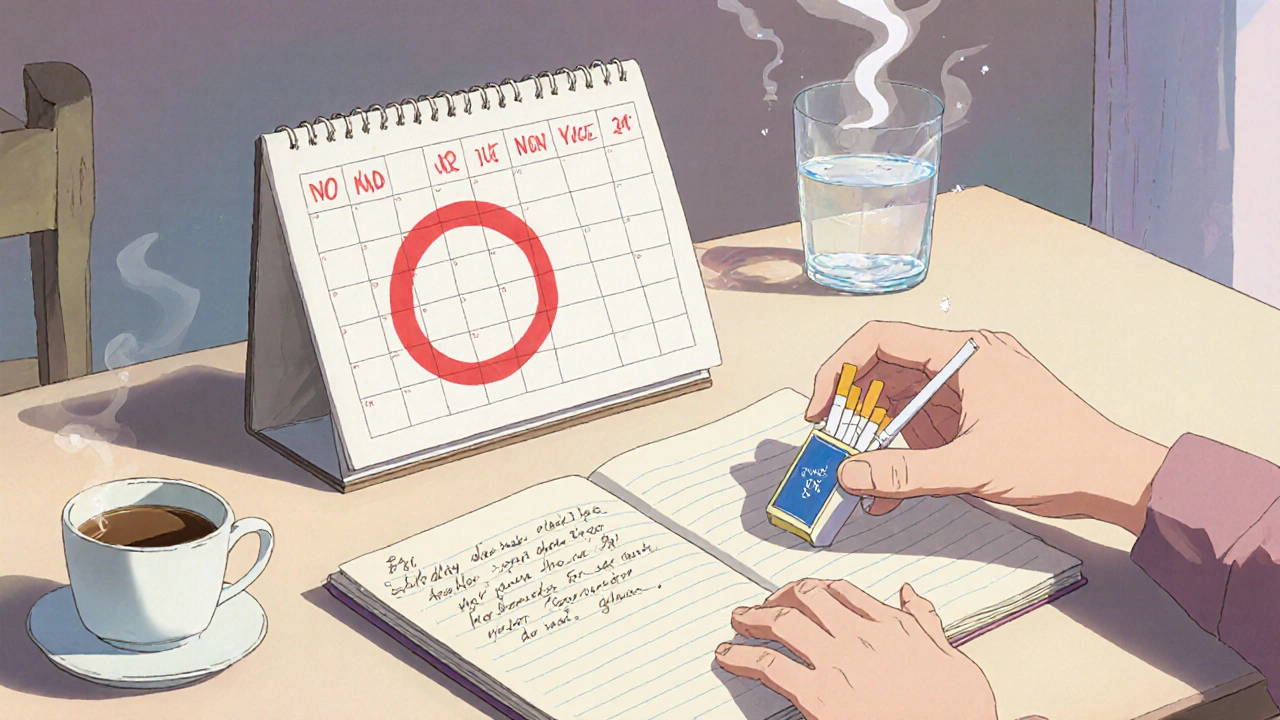 A calendar marked for quitting smoking, with cigarettes being pushed away on a kitchen table.