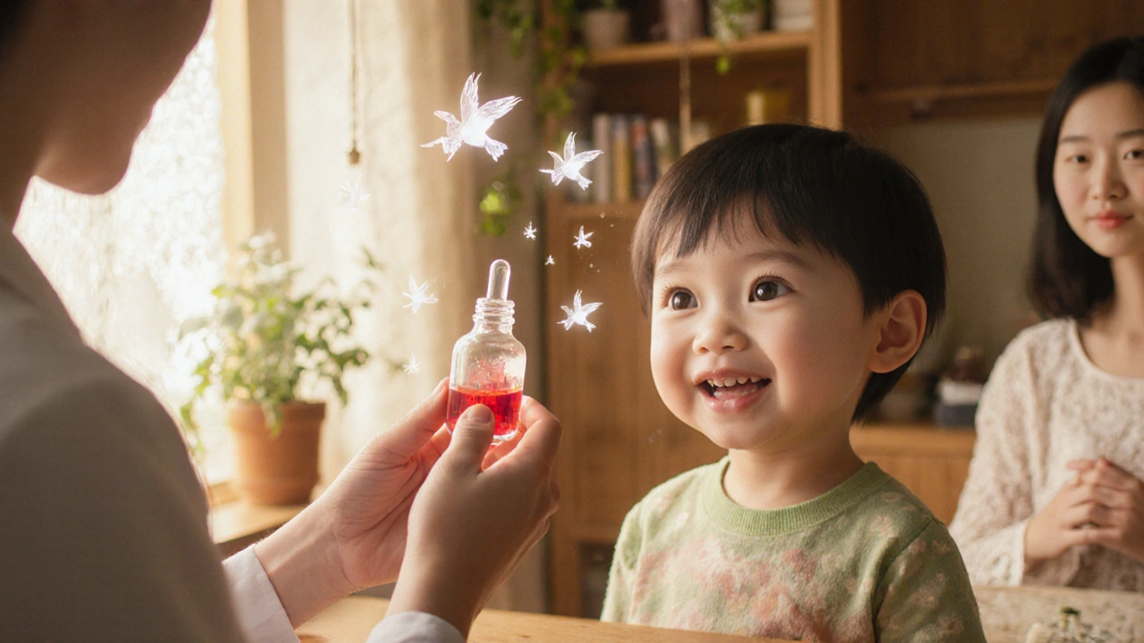A child happily takes flavored liquid medicine from a pharmacist, with magical light spirits swirling around.