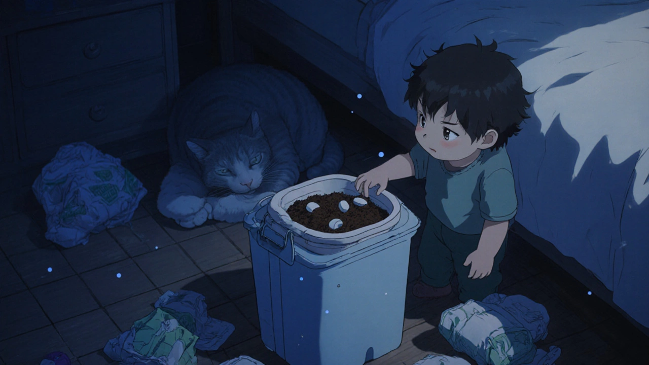 A child reaching toward a trash bin hidden under the bed, filled with sealed medicine mixture.