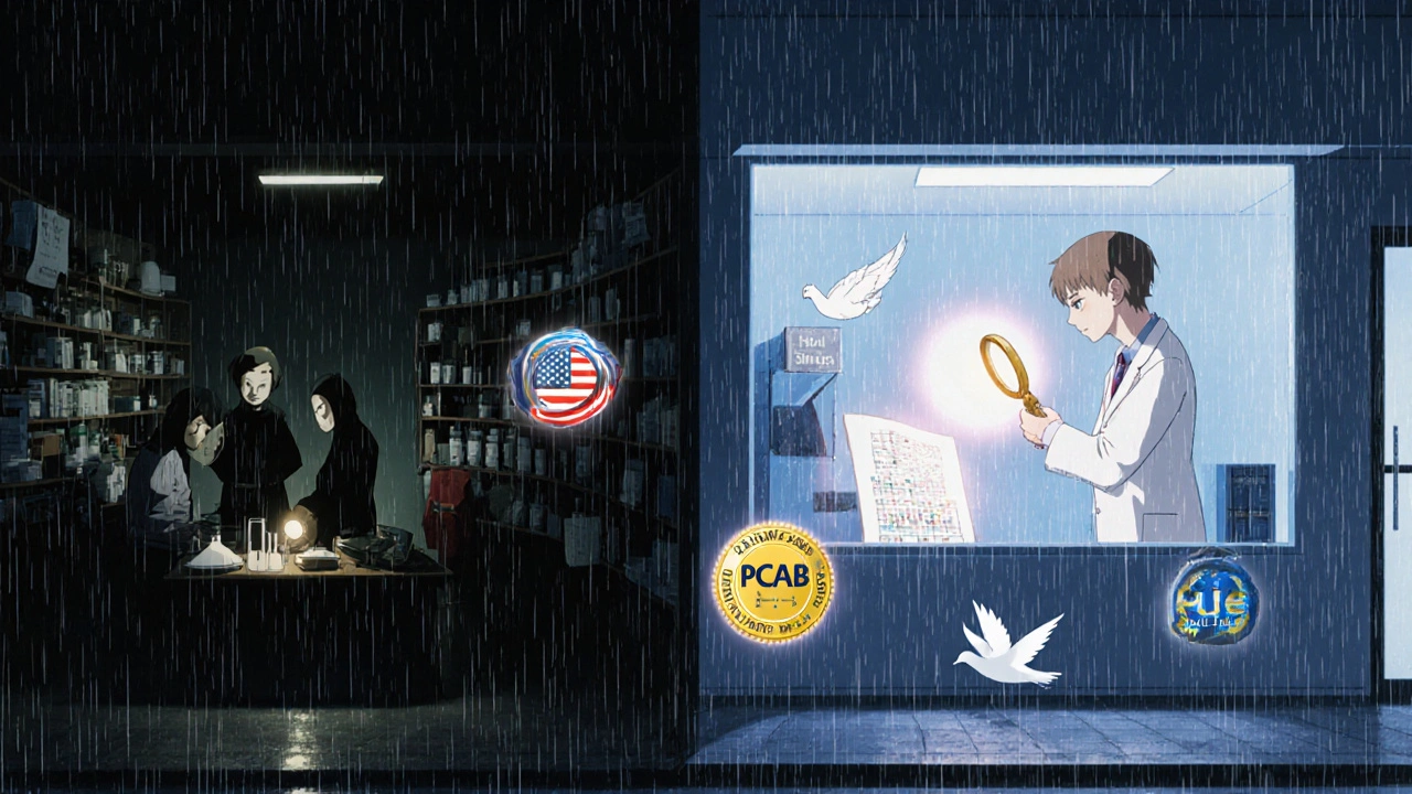 A clean, accredited pharmacy contrasts with a dark, unsafe compounding lab under rainy skies.
