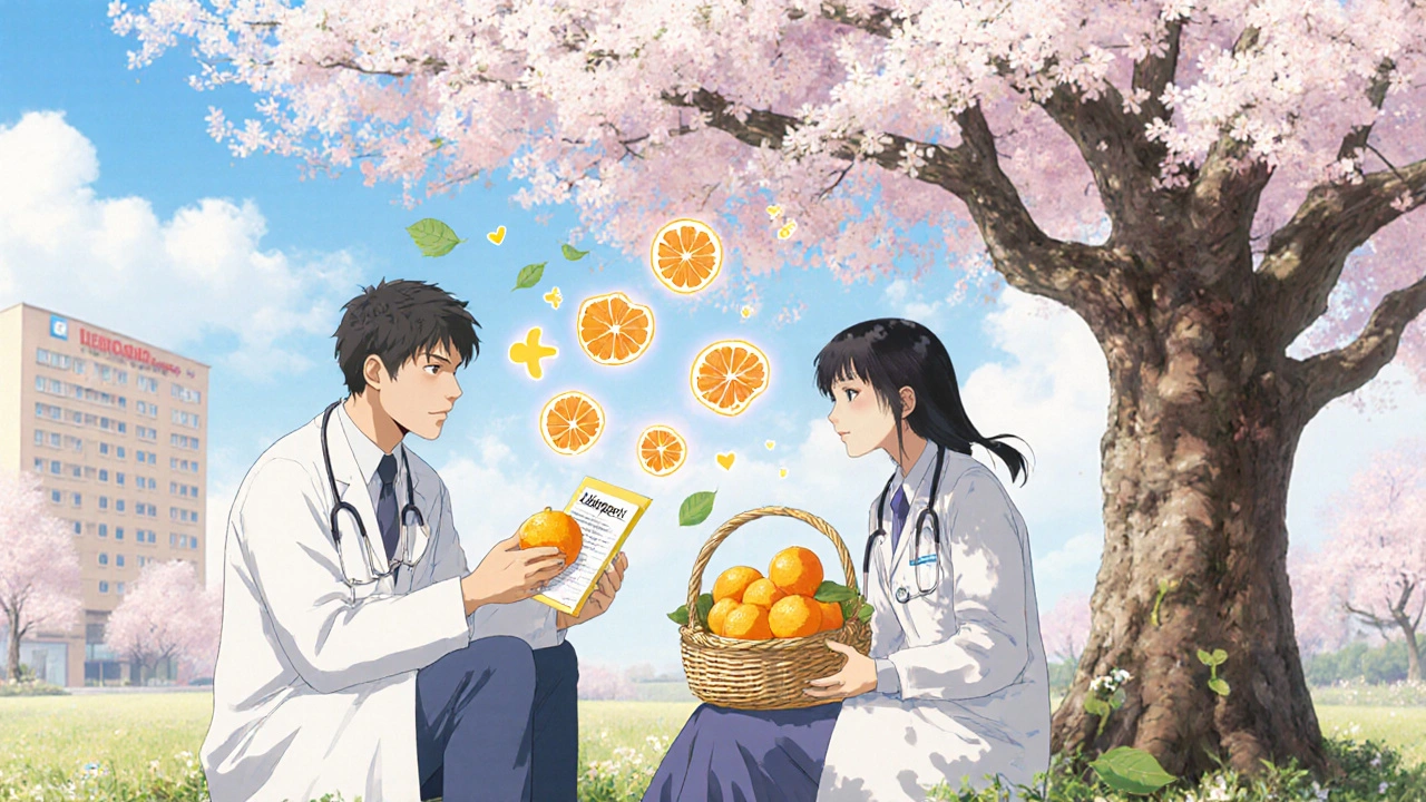 A doctor and patient exchange medication under a cherry tree, holding safe oranges, as shadowy grapefruits fade into clouds and hearts glow in the breeze.