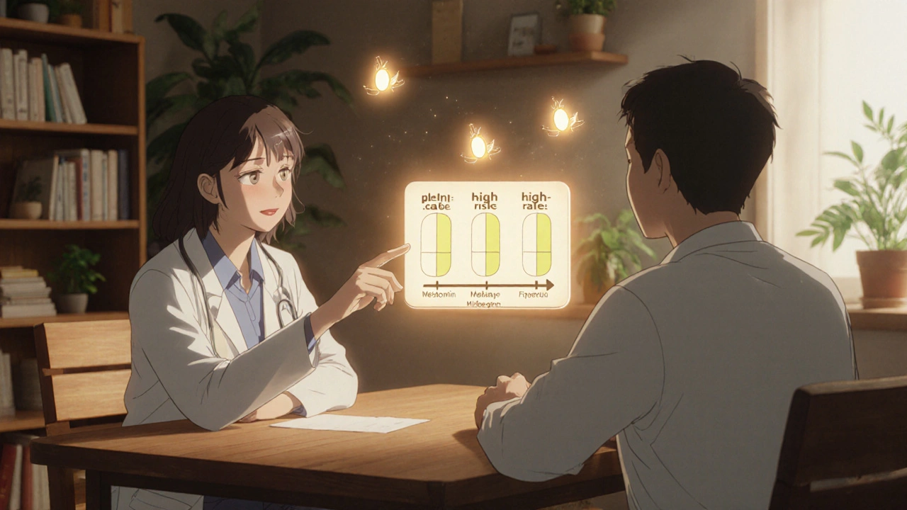 A doctor and patient reviewing a glowing scale of medication risks with safer alternatives rising like fireflies.