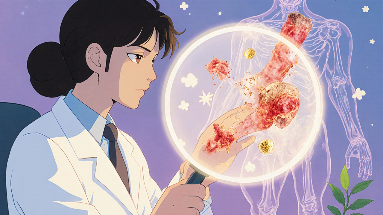 A doctor examines a hand with a glowing lens, revealing floating images of inflamed tendons and bone damage.