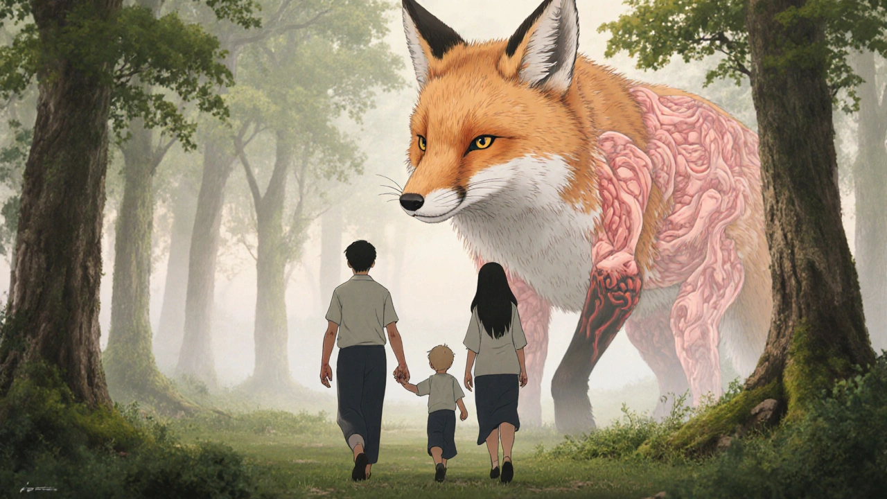 A family walks through a forest as a spirit fox made of joints and skin scales follows them silently.