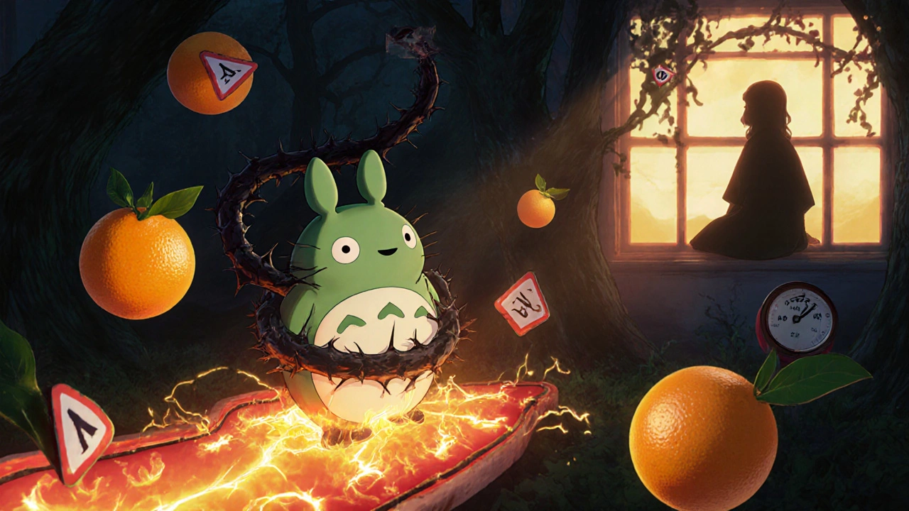 A forest spirit being choked by thorny grapefruit vines as golden blood cells surge wildly through an artery, with warning-labeled citrus fruits floating around.