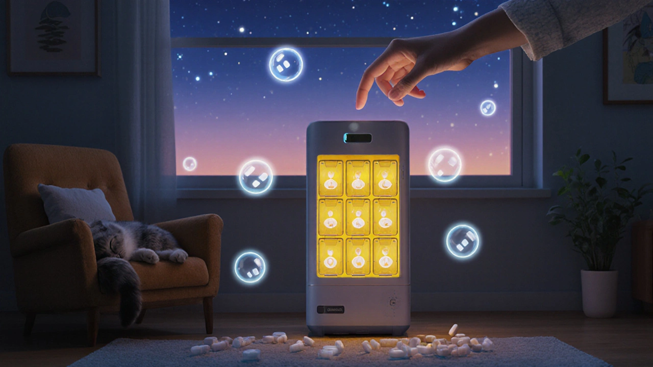 A friendly automatic pill dispenser releasing pills with glowing reminders, in a cozy living room at twilight with a sleeping cat.