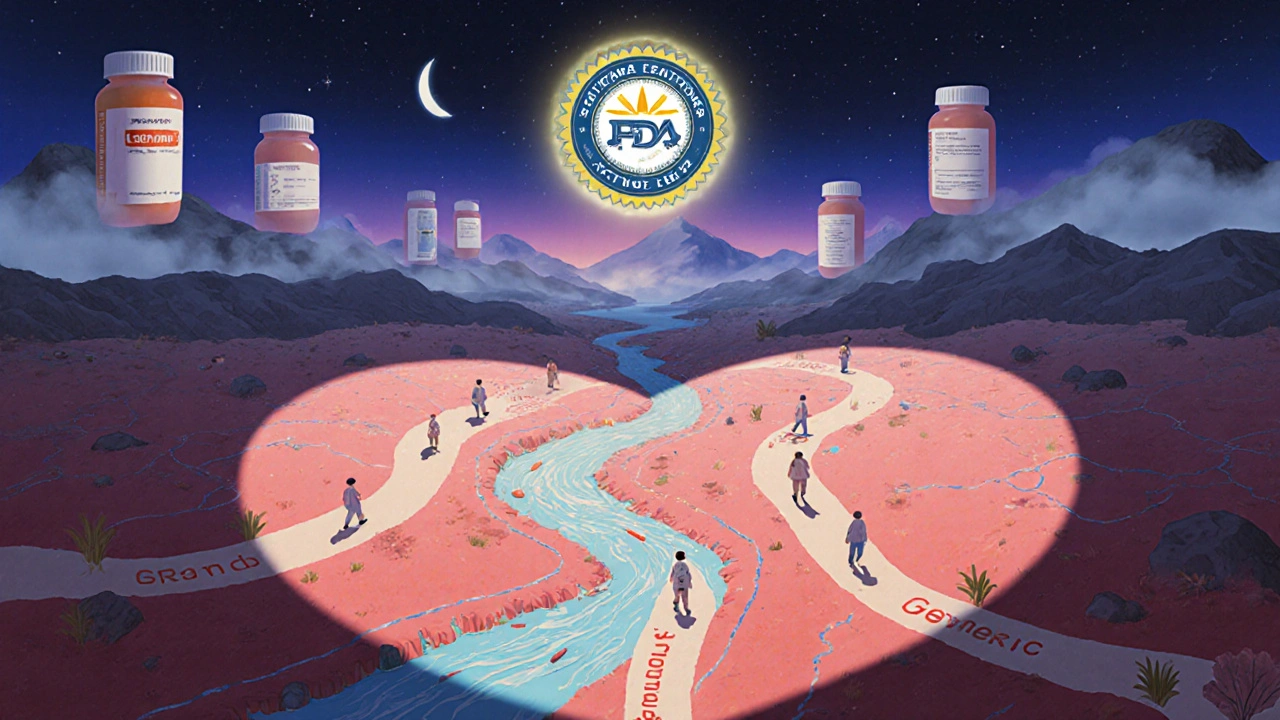 A heart-shaped valley with paths for brand and generic medications under a twilight sky.