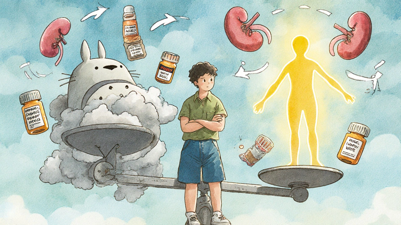 A man stands beside a magical scale showing his actual and adjusted weight, with pill bottles and kidney filters around him.