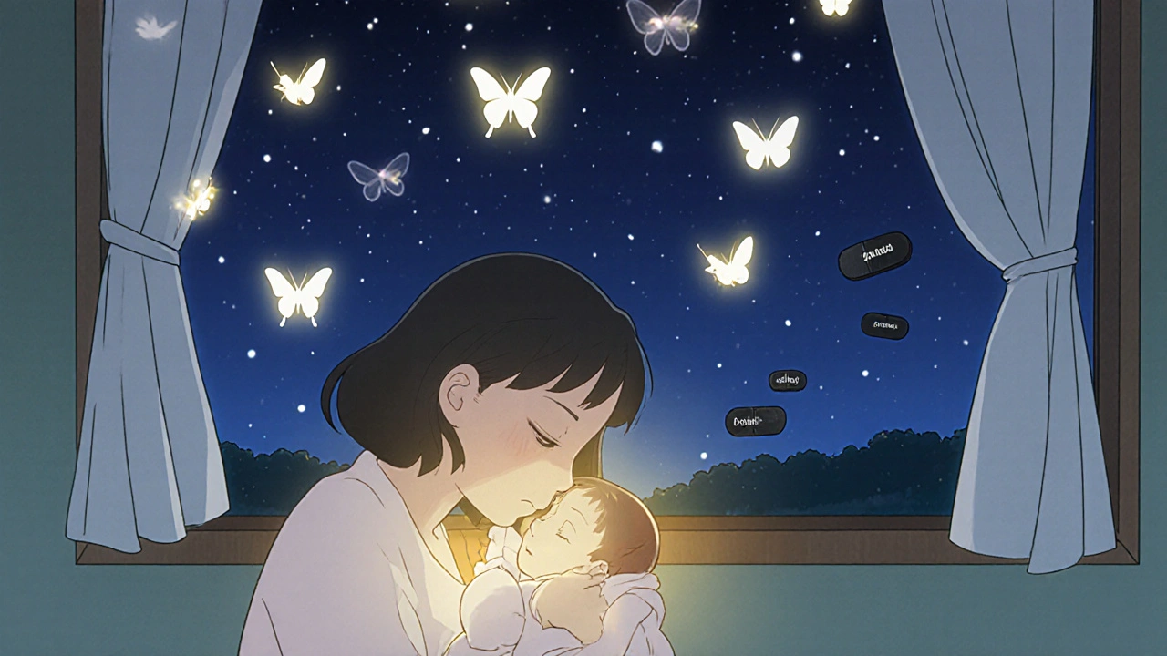 A mother breastfeeding at night, fireflies shaped like safe drugs glowing softly, with fading risky pills rising to stars.